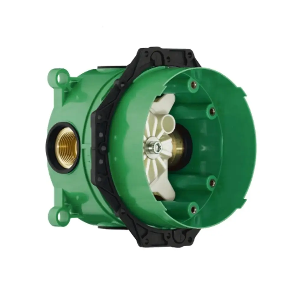 Grüner iBox Grundkörper von AXOR mit sichtbarem Innenmechanismus und Anschlussöffnung, geeignet für die Integration in Sanitärinstallation.